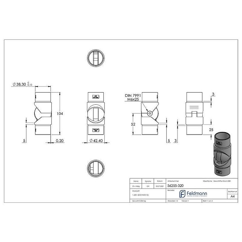 Gelenkstück hohl für Kabeldurchführung, für Rohr 42,4x2,0mm, V2A