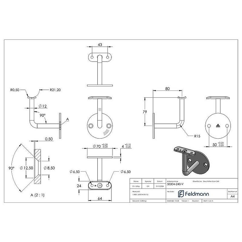 Support mural avec plaque de fixation pour main-courante de Ø 42,4mm, (embase et étrier soudé), V2A