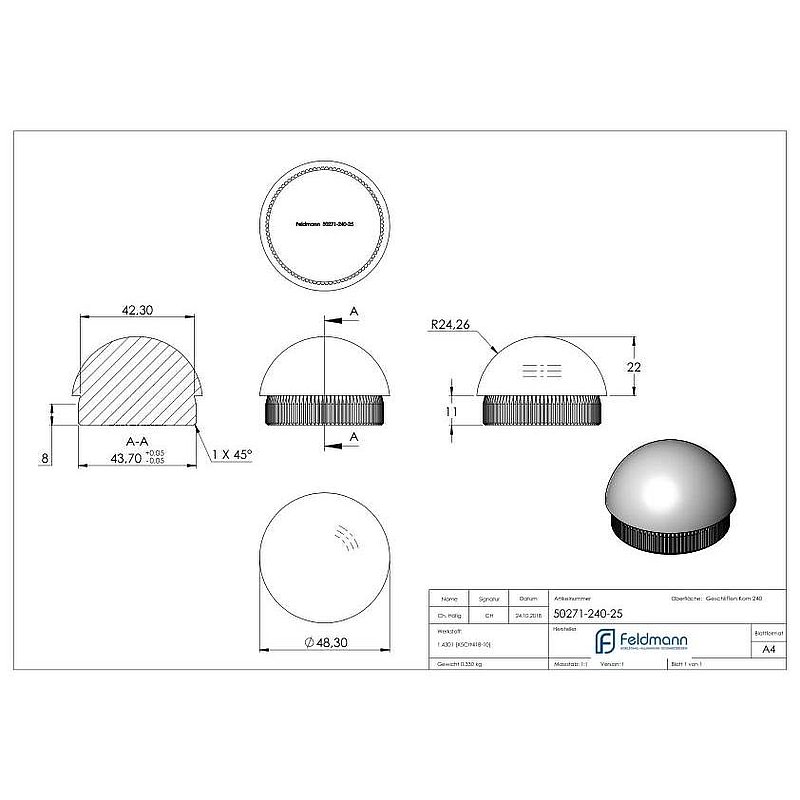 Rohrabschlussstopfen, für Rohr 48,3x2,5mm, V2A