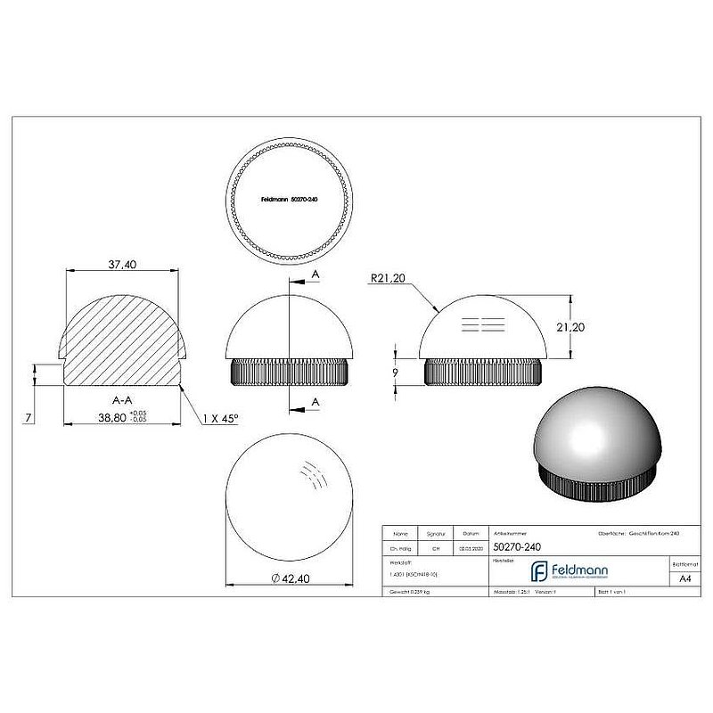 Rohrabschlussstopfen, für Rohr 42,4x2,0mm, V2A