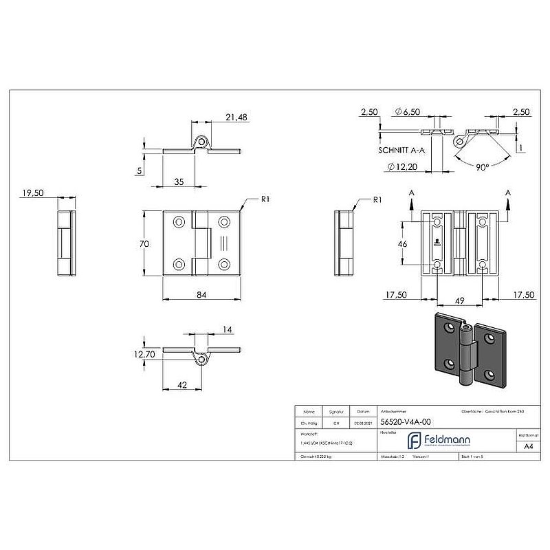 Hinge, suitable for door bolt for flat profiles, AISI316