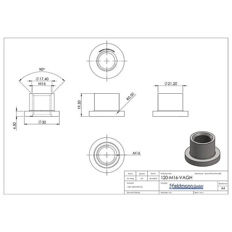 Douille taraudée, adapté au gond 120-M16-VA, pour tube plat, V2A
