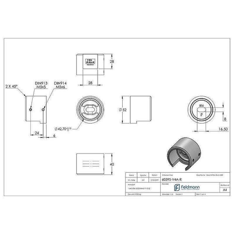 Wall mounting for slotted tube 42.4 mm, right, AISI316