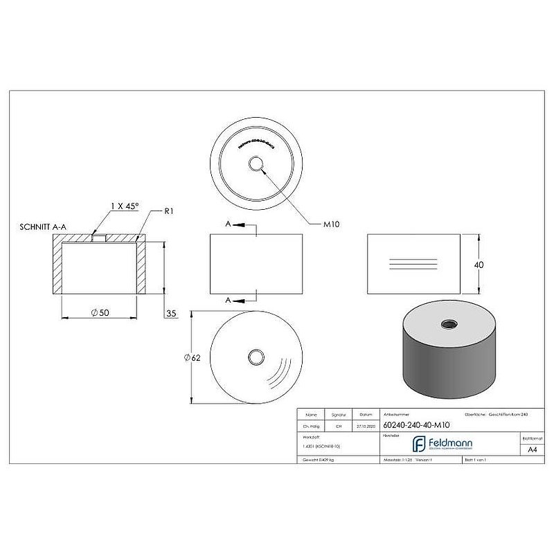 Unterteil für 62mm Glaspunkthalter, T: 40mm, mit M10, V2A