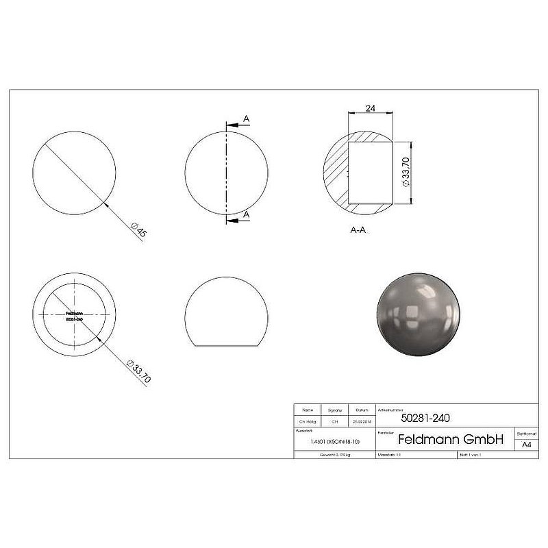 Pipe end ball, for tube 33.7mm, Ø 45mm, AISI304
