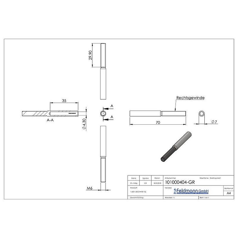 Threaded terminal for cable 4mm, AISI304