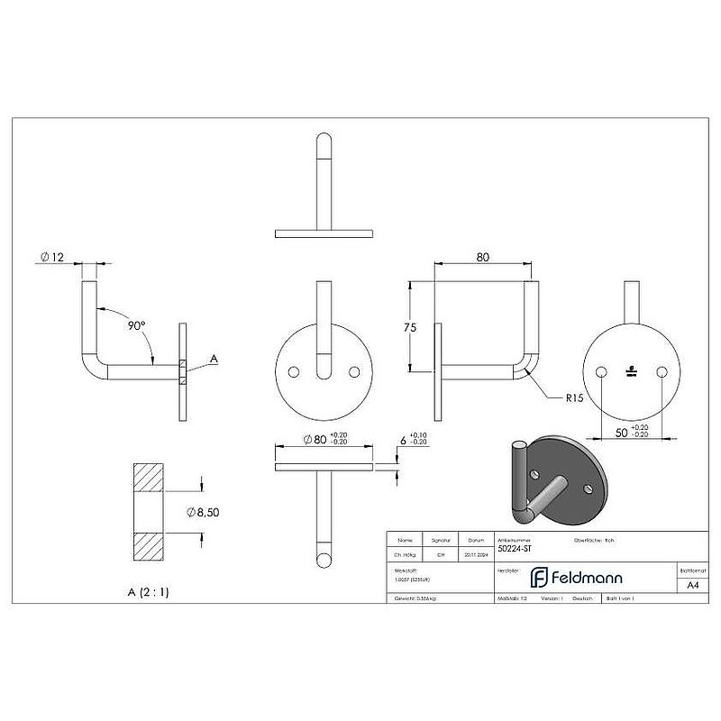 Handlaufträger mit Ronde flach, 80x6mm, Bügel Ø 12mm