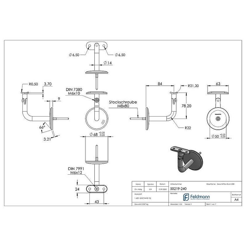 Handrail bracket with joint, handrail connection plate 42.4mm, AISI304
