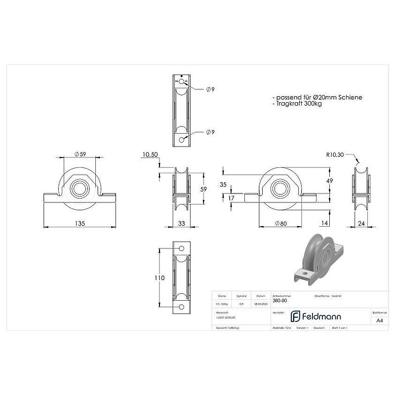 Schiebetorrolle mit Rundrille, Ø 80mm, für Schiene Ø 20mm, 2 Kugellager, verzinkt