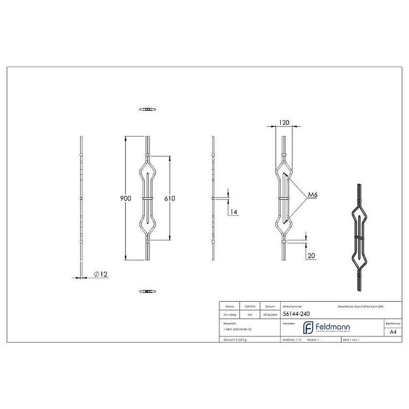 Decorative rod, with 2x M6 thread, AISI304