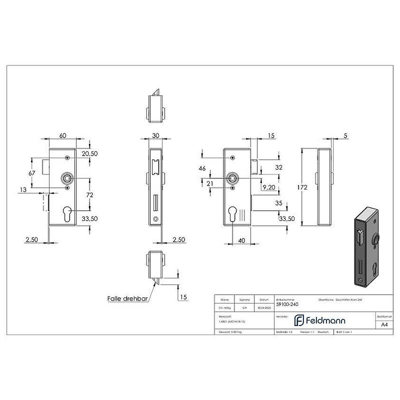 Edelstahlschlosskasten mit verzinktem Schloss, Abmessung: 30x60x173mm