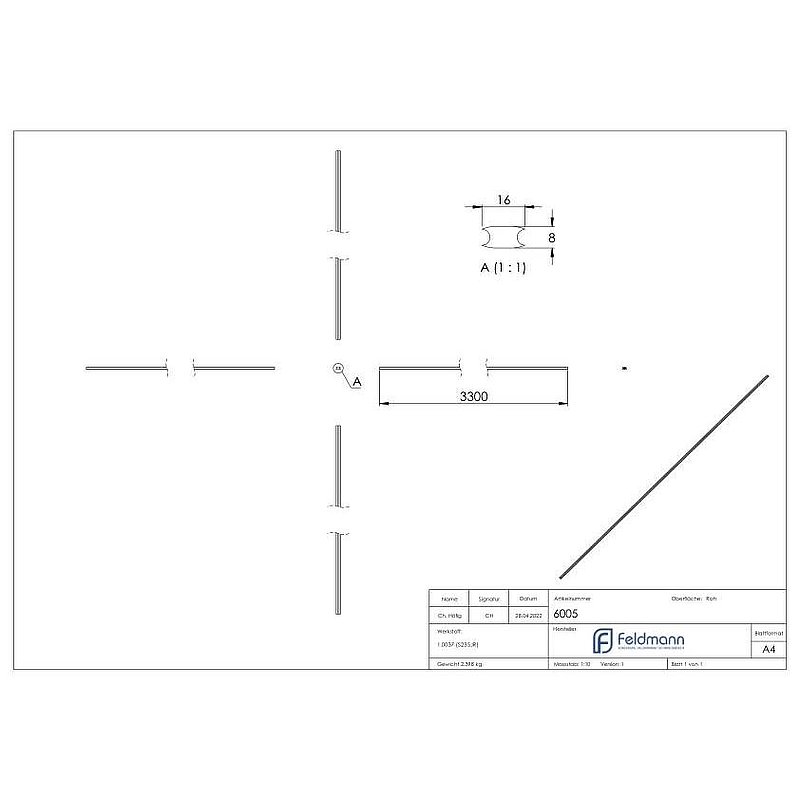 Flacheisen S235JR, 16x8mm, L: 3300mm