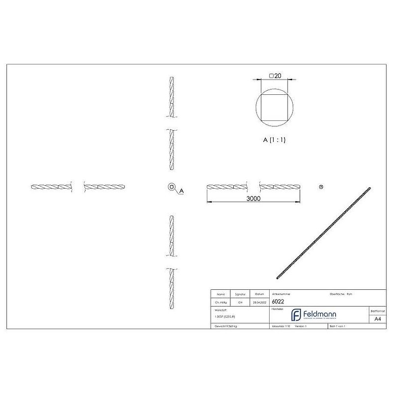 Vierkant 20x20mm, durchgehend gedreht, L: 3000mm
