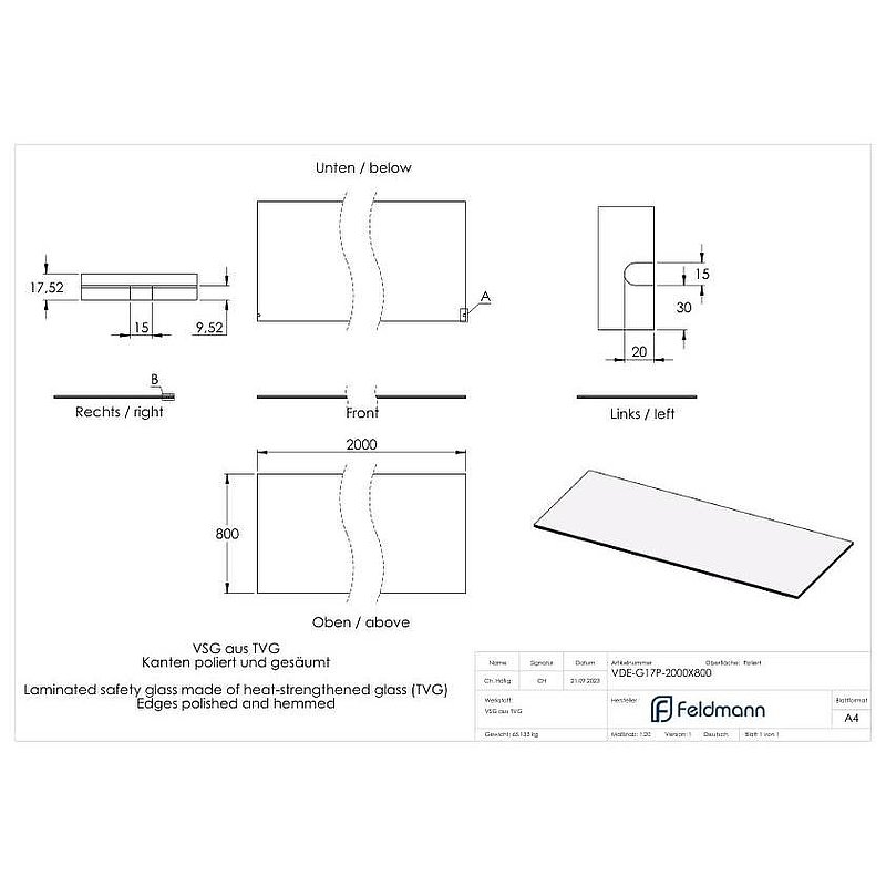 Eleganza canopy Glas: 2000x800mm VSG aus 2x8mm TVG mit 1,52mm PVB