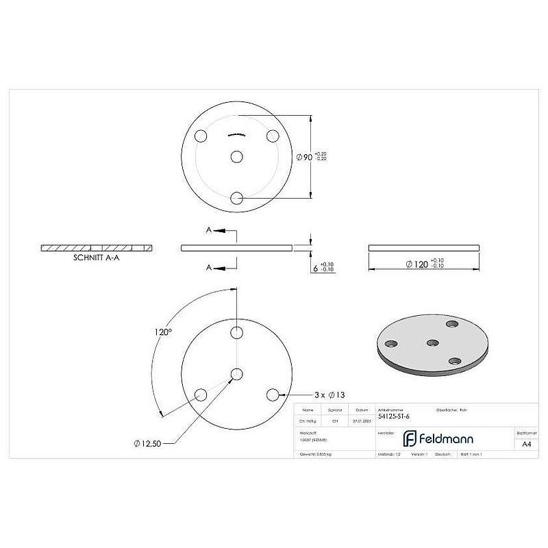 Ankerplatte Ø 120 x 6mm, mit 3 Bohrungen Ø 13mm und Mittelbohrung Ø 12,5mm, Stahl roh