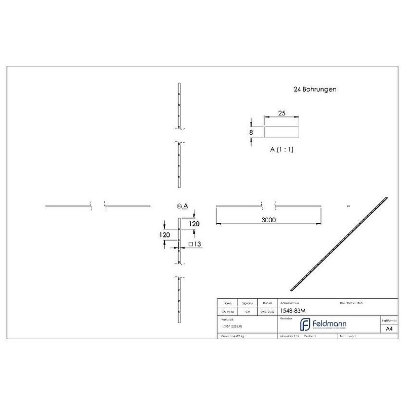 Lochleiste 25x8mm, Lochabstand 120mm, 3000mm