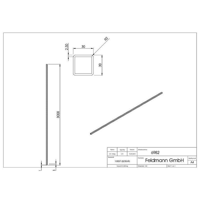 Quadratrohr 30x30x2,5mm, L: 3000mm, gehämmert