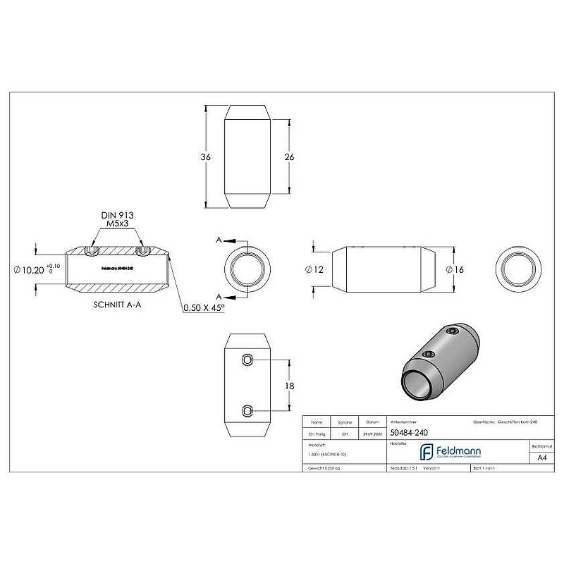 Stabverbinder für 10mm Rund, L: 36mm, Ø 16mm, V2A