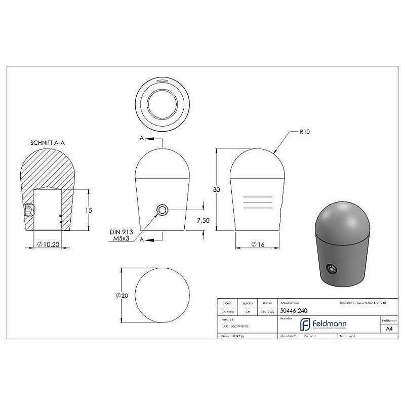 Endkappe für 10mm Rundmaterial, V2A
