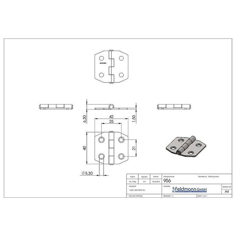 Stainless steel hinge 40x42mm with fixed pin