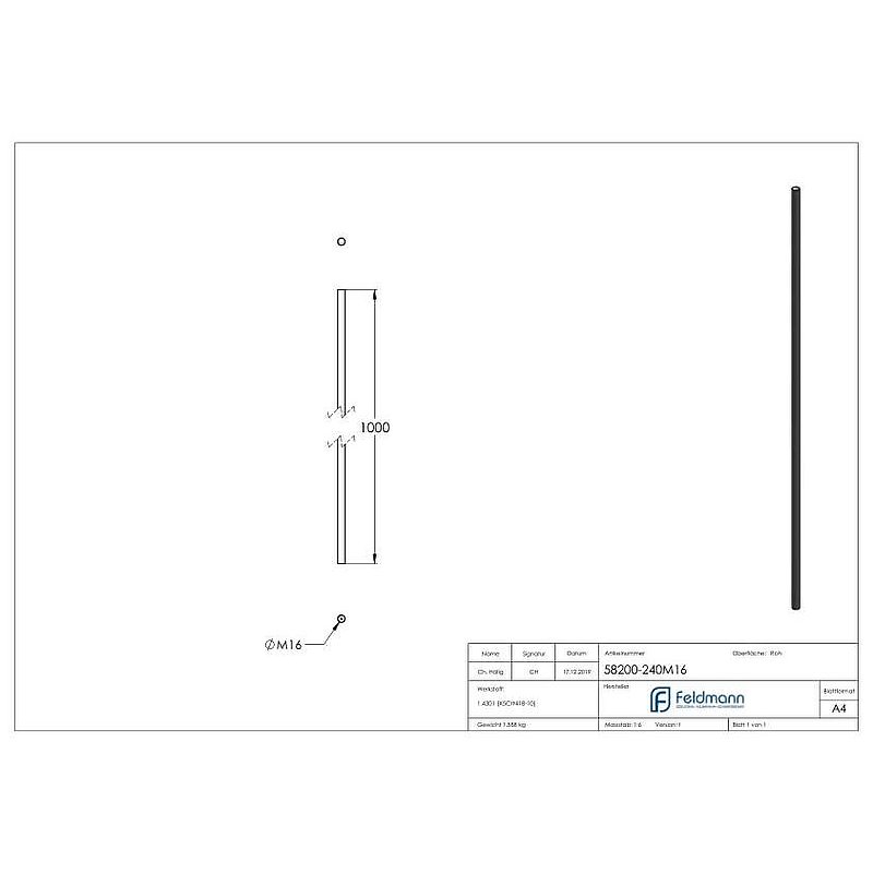 Threaded rod AISI304 L:1m, M16 right-hand thread