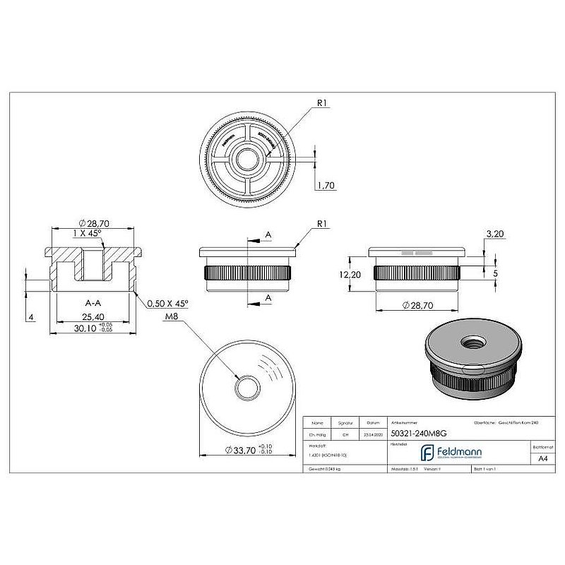 Rohrabschlussstopfen, für Rohr 33,7x2,0mm, V2A