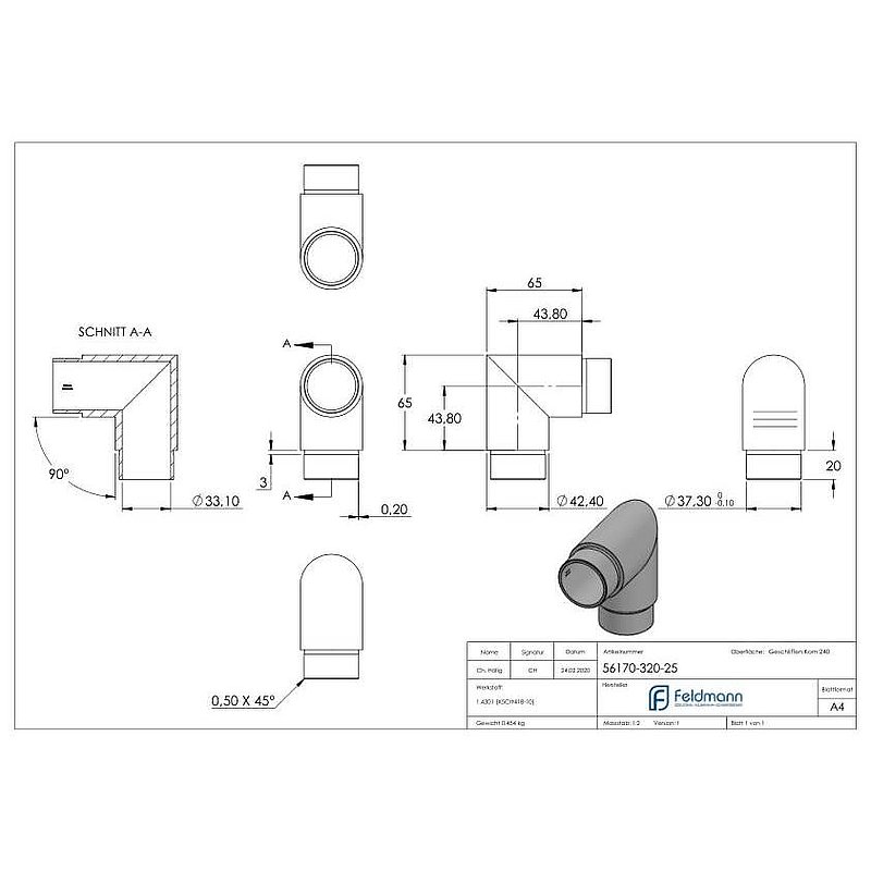 Corner piece 90°, for tube 42.4x2.5mm, AISI304