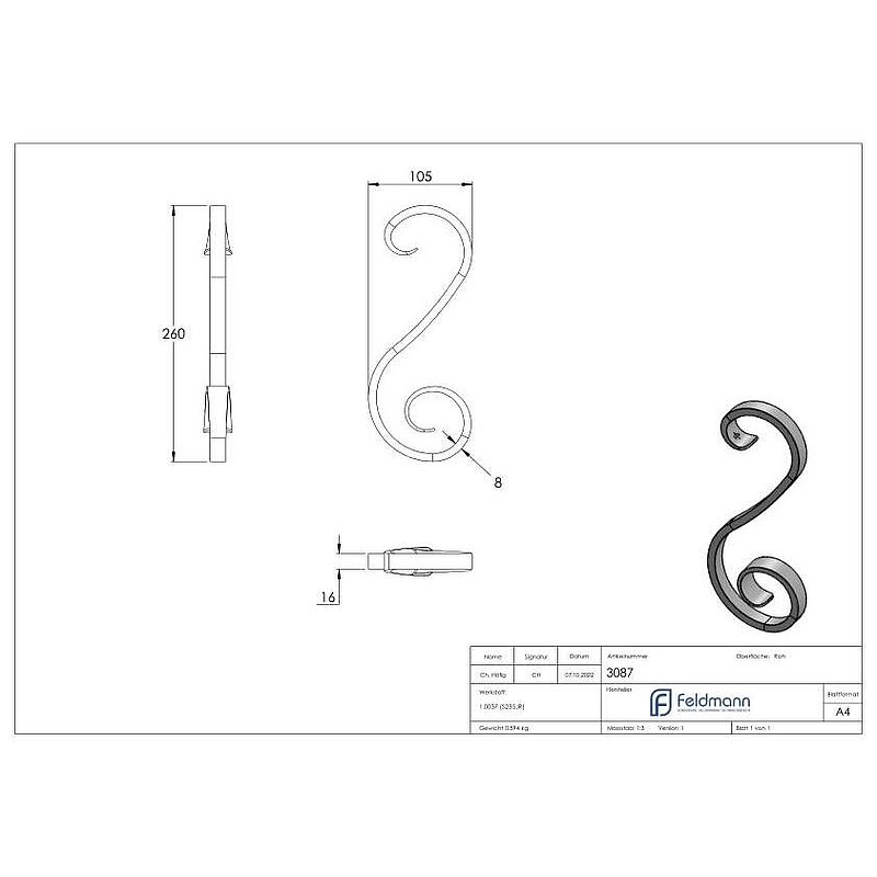 Volute en forme de S 16x8mm, 260x105mm