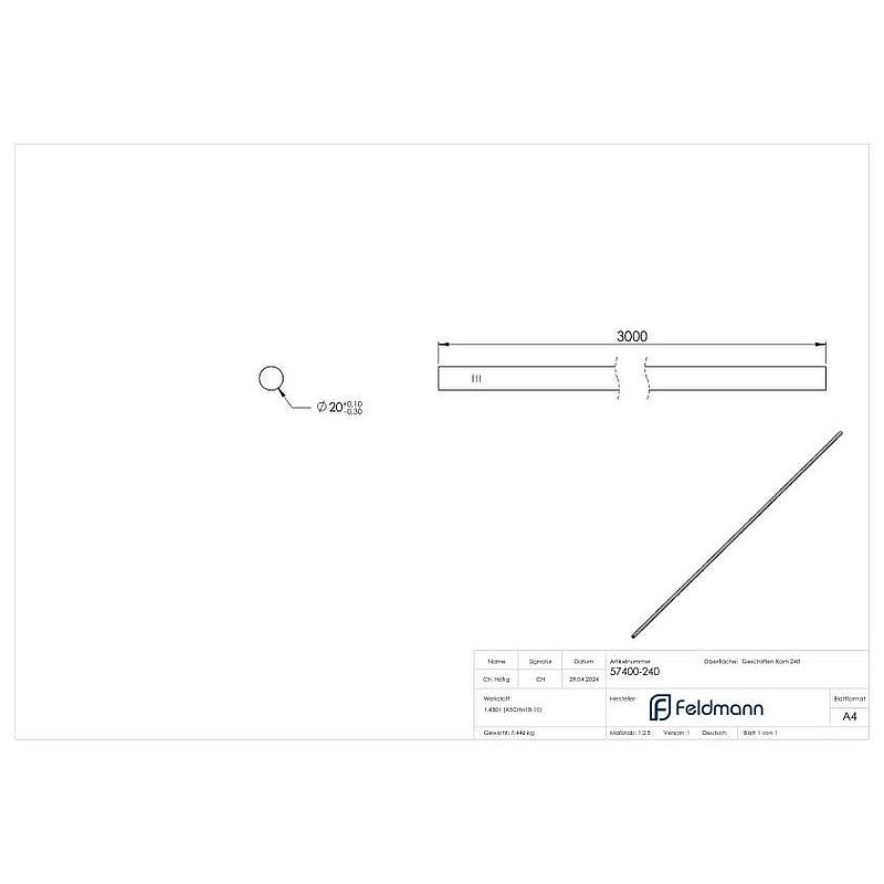 Rundmaterial, 20mm, L: 3000mm, V2A
