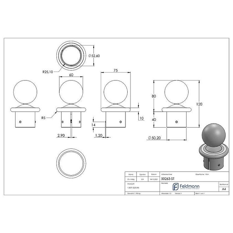 Kugelrohrknopf Eisen für 60,3mm