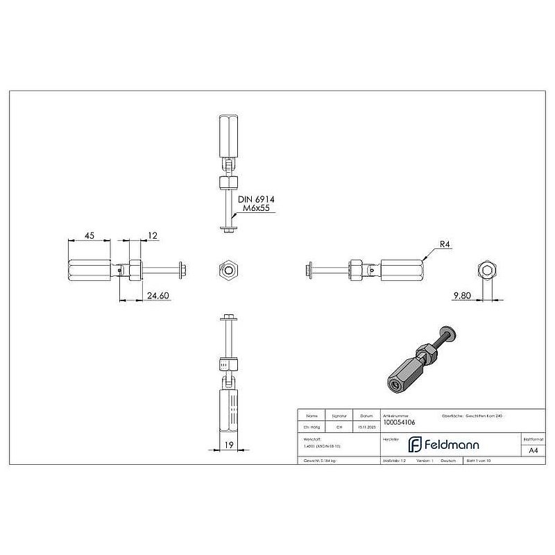 Embout fileté à monter soi-même avec articulation, pour câble 6mm, V2A