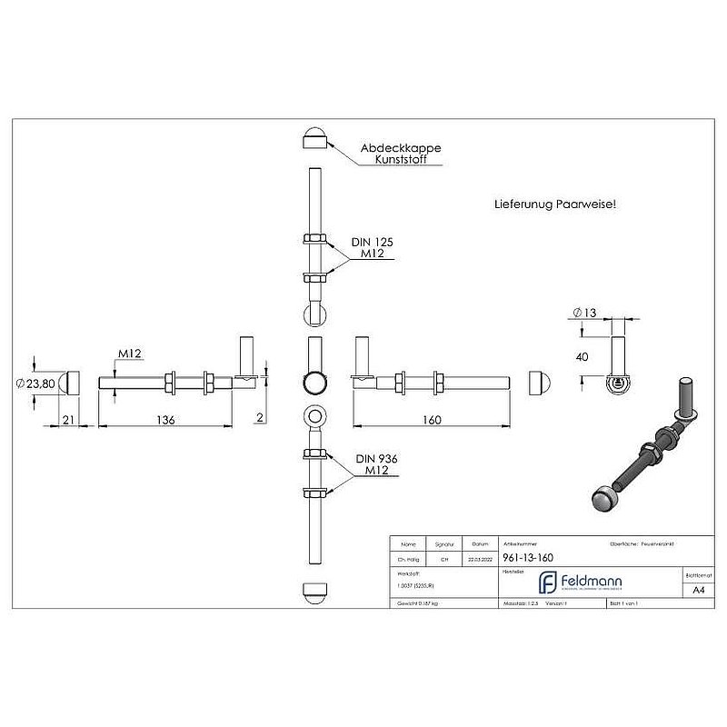 Kloben zum Durchschrauben für Ø 13mm, L: 160mm