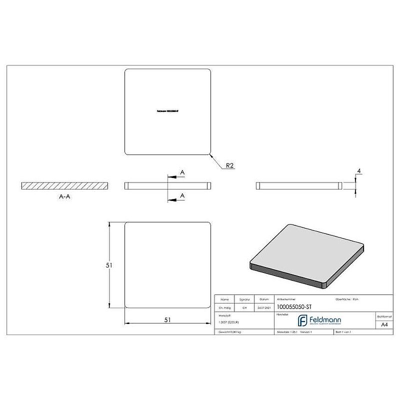 Flachkappe für QR 50x50mm, Stahl roh
