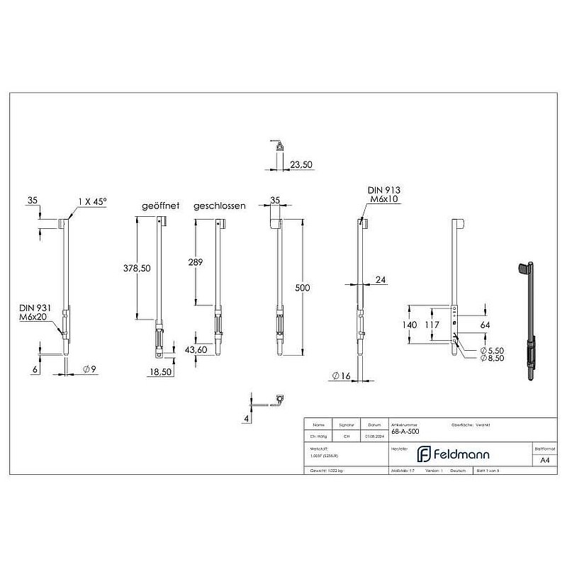 Bolt-on gate latch, L: 500mm, galvanised