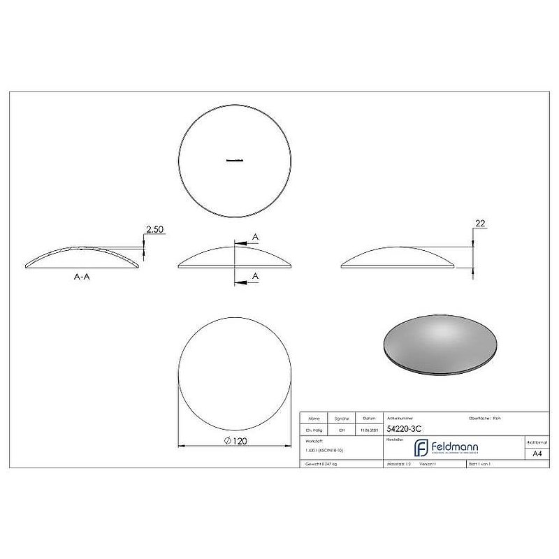 Gewölbte Schale Ø 120x2,5mm, H: 22mm, V2A