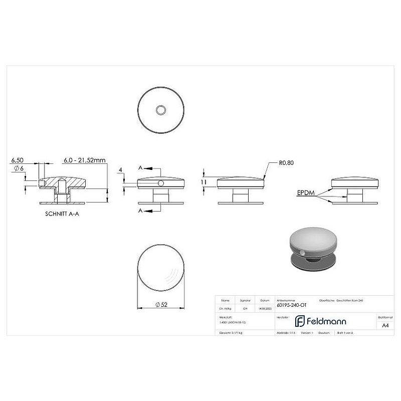 Partie supérieure pour point de fixation 52mm, V2A