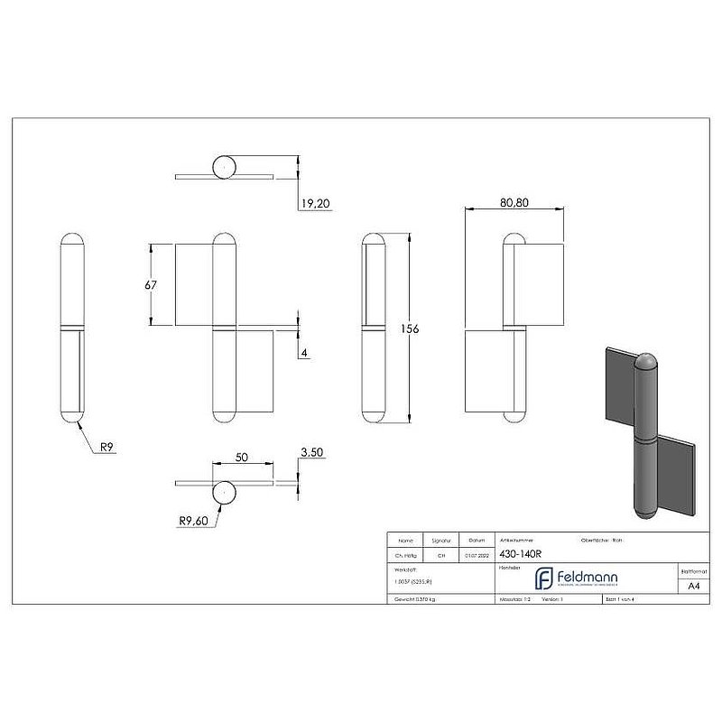 Weld-on hinge with fixed pin, right-hand version