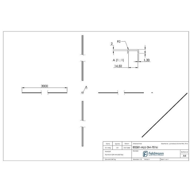 Main courante EXTRA SLIM, pour verre 12,00 - 13,52mm, L: 3000mm, aluminium RAL 7016