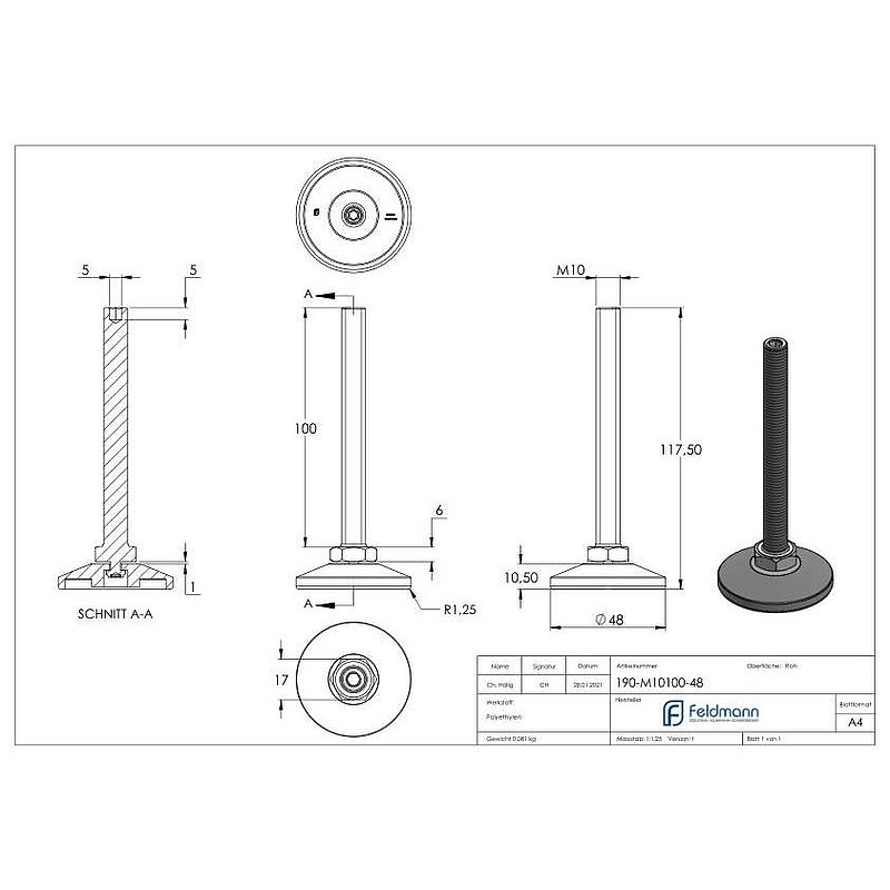 Levelling foot with adjusting screw with hexagon socket