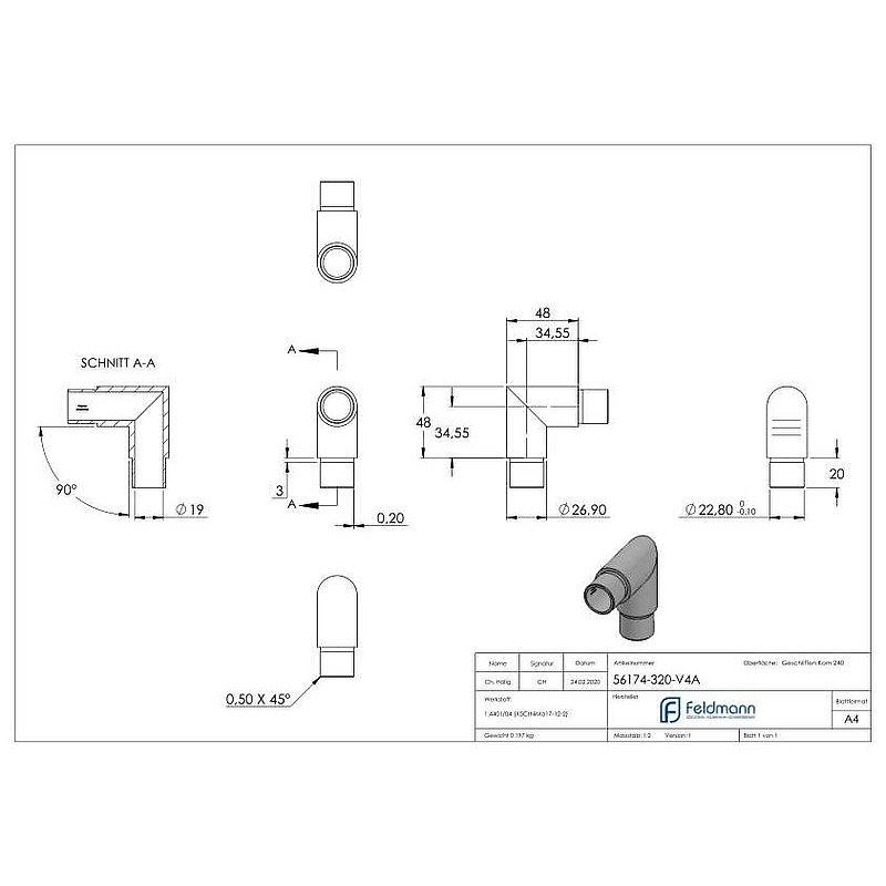 Eckstück 90°, für Rohr 26,9x2,0mm, V4A