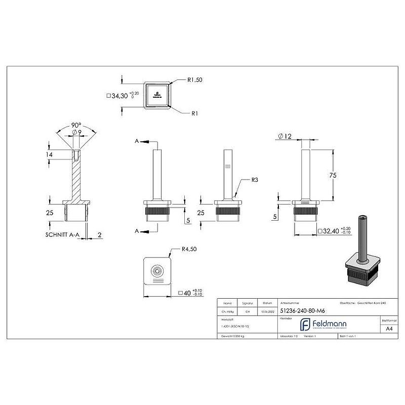 Stopfen mit Stift für Rohr 40 x 40 x 3,0mm, Höhe 80mm, mit M6 Innengewinde