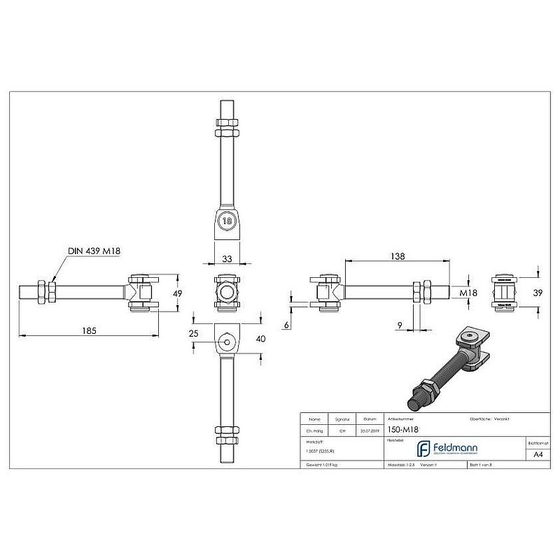 Gond à visser M18 réglable, filetage long, acier électrozingué