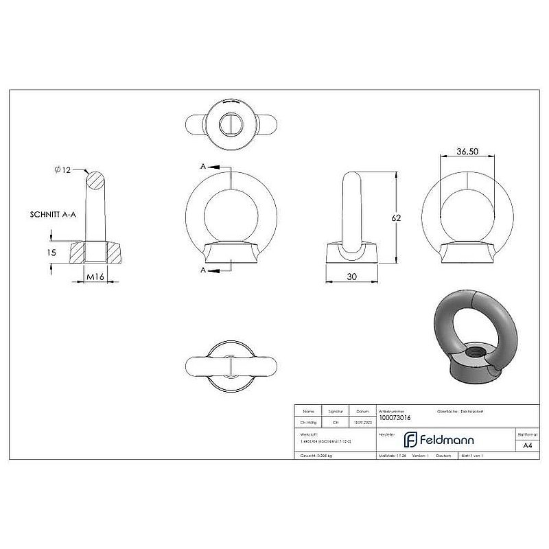 Ringmutter mit Innengewinde 16mm, V4A