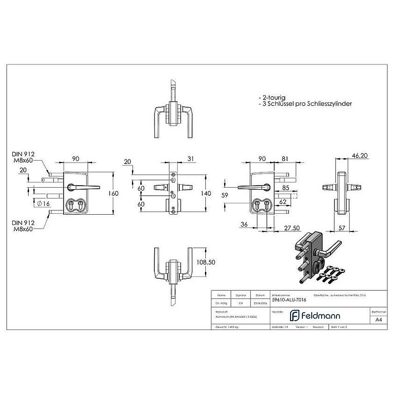 Doppelzylinderschloss LDKZD1 für 60x60mm Profile, Farbe RAL 7016
