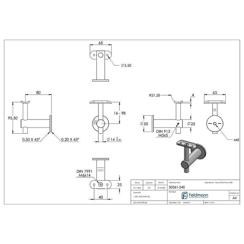 Handlaufhalter mit Handlaufanschlussplatte 42,4mm, V2A