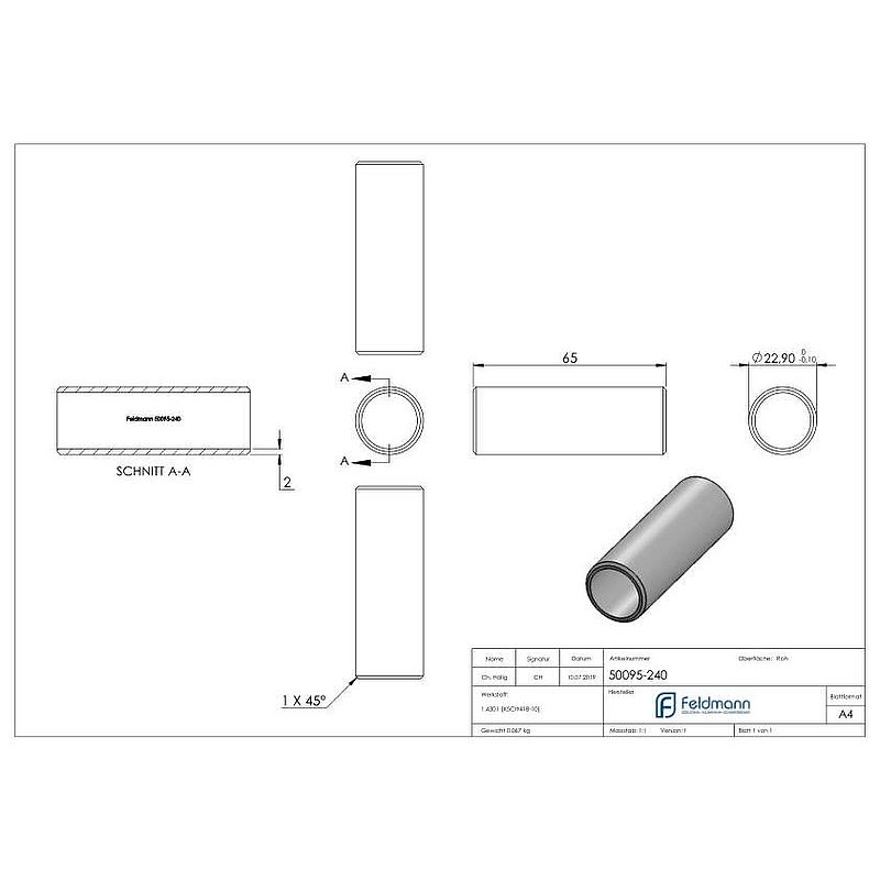 Verbindungsstück für Rohr 26,9x2,0mm, V2A