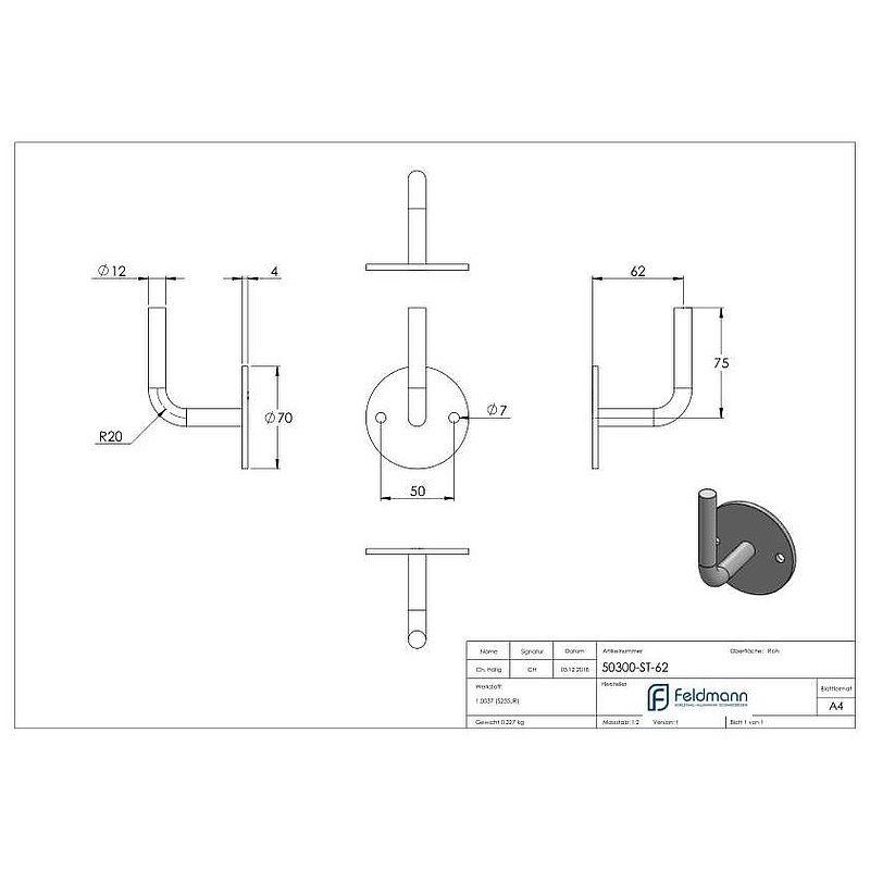 Handlaufträger mit Ronde flach, 70x4mm