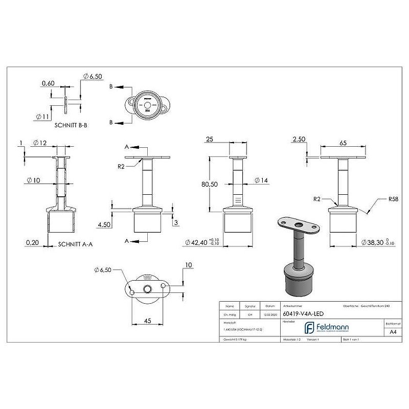 Rohrabschlussstopfen mit Stift für LED Handlauf, V4A