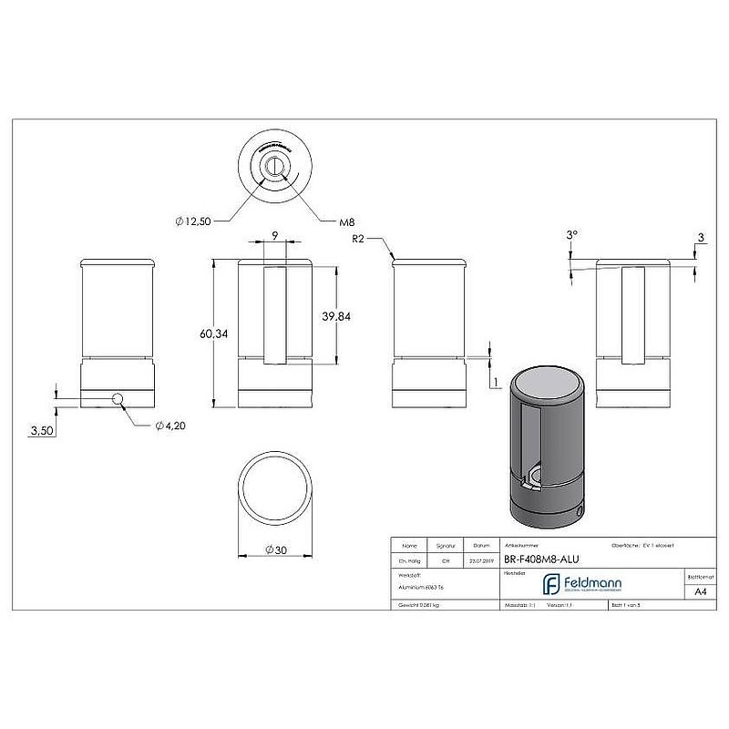 Brenk base holder for flat bars 40x8mm, ALU