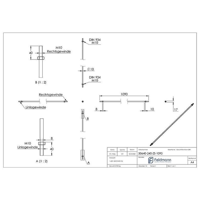 Barre de tension pour auvent en verre suspendu avec L: 1090mm, V2A